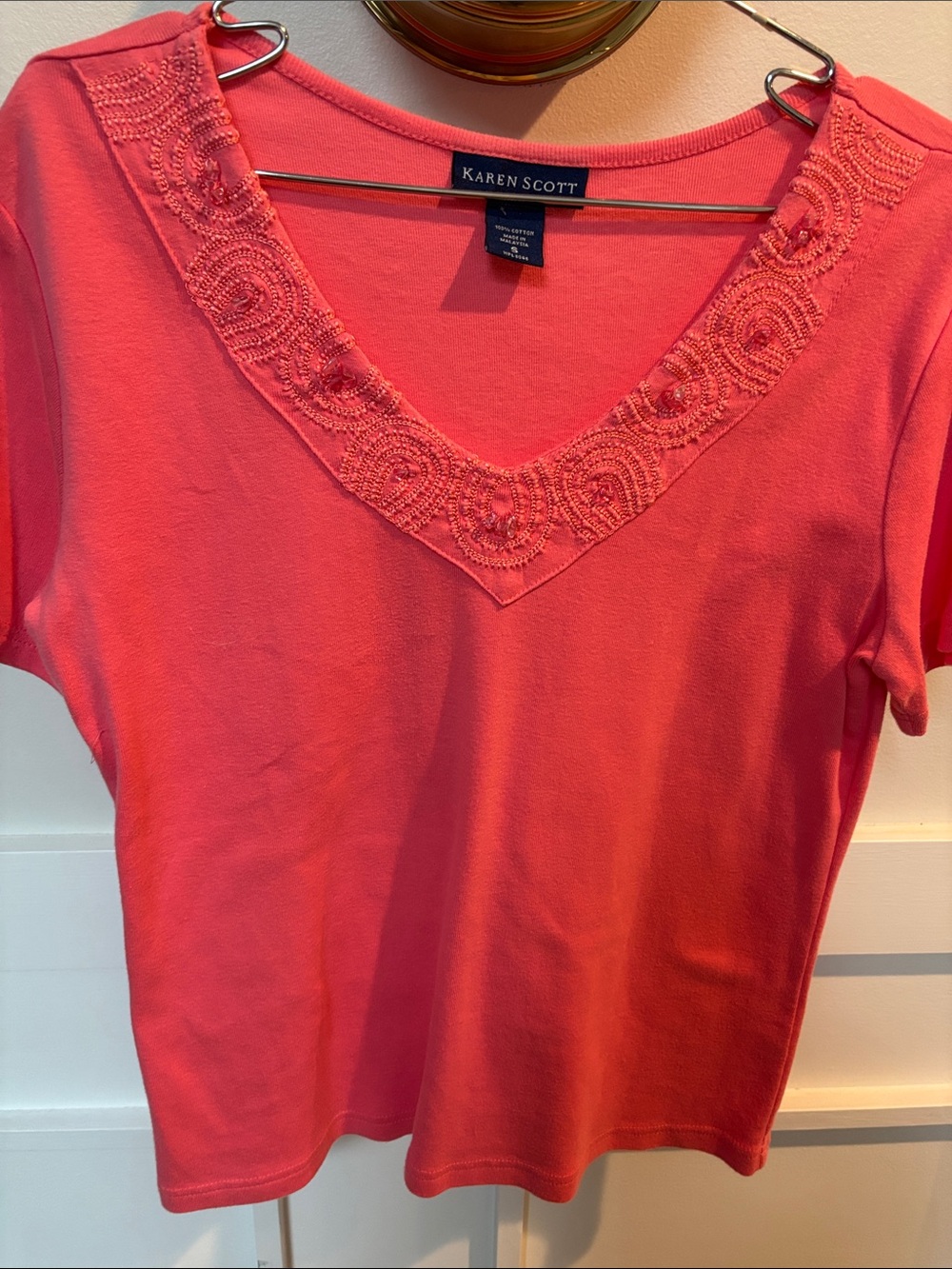 Karen Scott Coral V-Neck Embellished Short-Sleeve Top